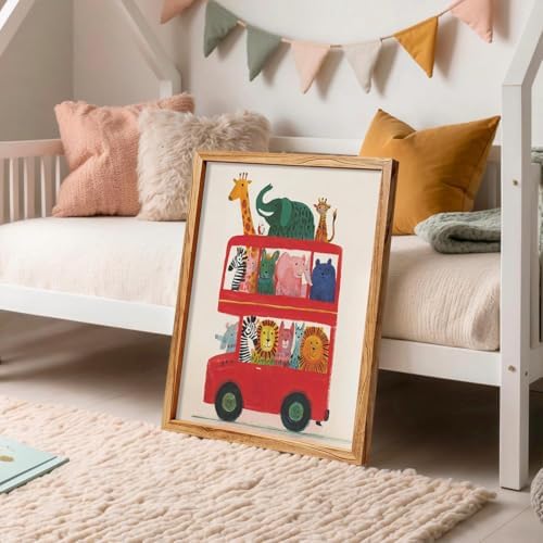 Framed Cute Colorful Animal Canvas Wall Art Modern Funny Kids Posters Safari Animals On Red Bus Scene Prints For Toddler Bedroom Nursery Wall Decor 16x20 inch - Image 4