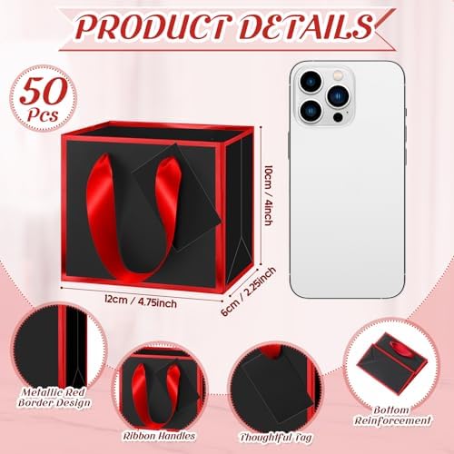 Yeaqee 50 Pcs Mini Metallic Paper Gift Bags with Handle, Black, Red - Image 2