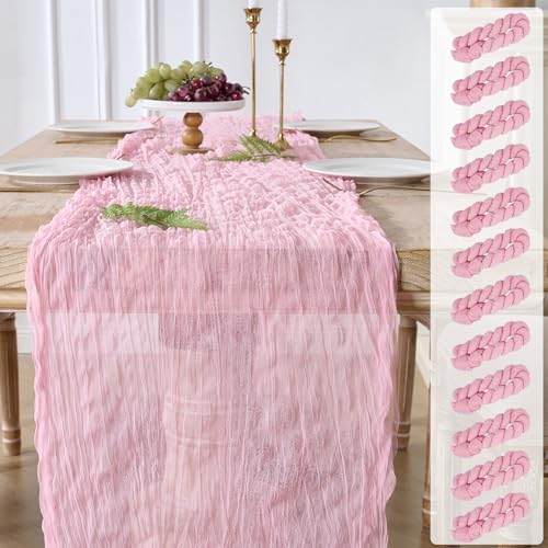 12 Pack Pink Cheesecloth Table Runners, 120 Inch 10Ft Blush Pink Gauze Table Runner for Wedding Birthday Party Baby Shower Decorations by YARGEZON