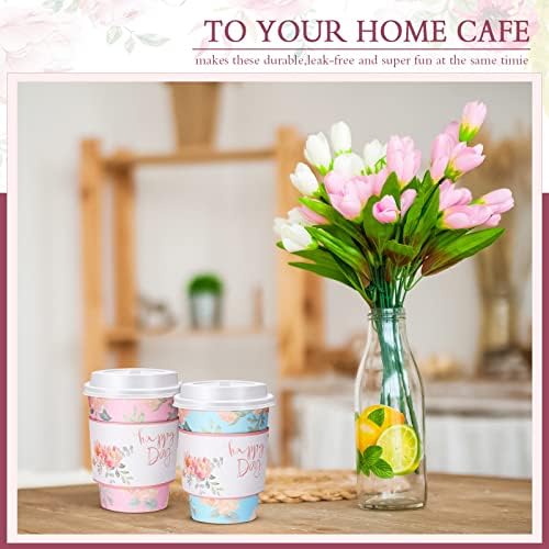 Remerry 100 Pcs 12oz Floral Disposable Coffee Cups with 100 Lids and 100 Sleeves Paper Insulated Drink Hot Coffee Paper Cups with Dome Lids and Sleeves for Parties Wedding Baby Shower(Fresh) - Image 5
