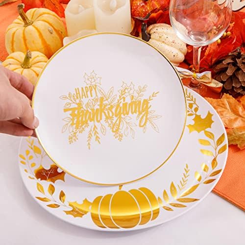 Ciaell 125PCS Thanksgiving Plastic Plates - Fall Pumpkin Disposable Plates White and Gold Heavy Duty Dinnerware Set include 25Dinner Plate, 25Desset Plate, 25Knives, 25Forks, 25Spoons for Thanksgiving - Image 5