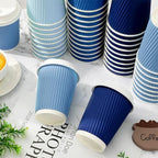 Whaline 100 Pcs Summer Dusty Blue Disposable Coffee Cups with Lids 12 Oz Gradient Blue Paper Cups Corrugated Ripple Wall Insulated Hot Cup for Home Office Party Supplies (Pack of 2) - Image 3