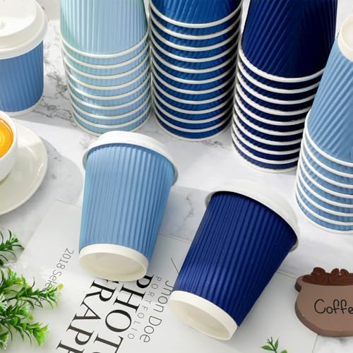 Whaline 100 Pcs Summer Dusty Blue Disposable Coffee Cups with Lids 12 Oz Gradient Blue Paper Cups Corrugated Ripple Wall Insulated Hot Cup for Home Office Party Supplies - Image 3