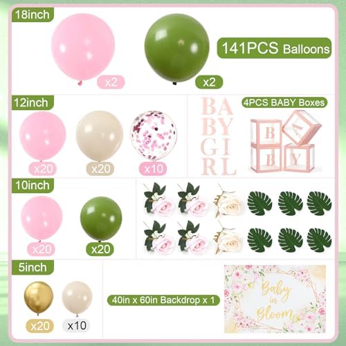 Baby in Bloom Decorations includ “Baby in Bloom” Letter Sign, Pink Sage Green Balloon Garland Arch Kit, Baby Boxes with Letters, Backdrop - Image 3