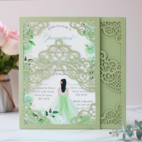 Hosmsua 50PCS Personalized Sage Green Quinceanera Invitations Kit 5.1x7.3 Inch Laser Cut Floral Crown Pocket Quince Invitation Cards with Envelopes for Birthday Bridal Shower - Image 2
