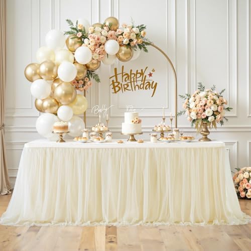 Suppromo 14ft Champagne Table Skirts for Rectangle Tables or Round Tables Champagne Tulle Tutu Table Cloths Cover for Birthday Party Wedding Baby Shower Dessert Cake Table Decorations - Image 4