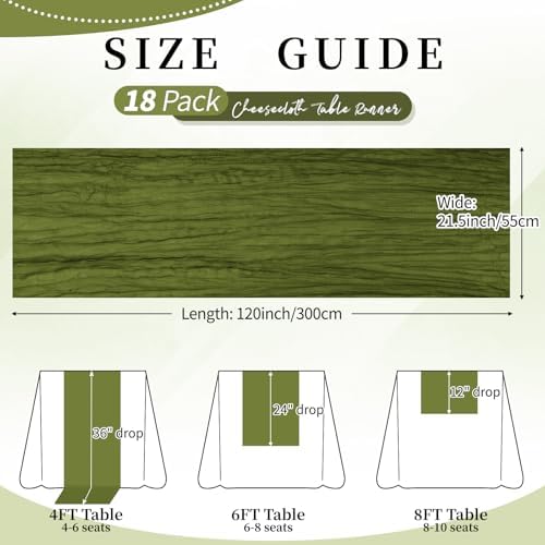 18 Pack Olive Green Cheesecloth Table Runner 21.5x120 Inch,Semi Sheer Boho Gauze Cheese Cloth Fabric Table Runners 10 FT Long for Wedding Party Baby Shower Birthday Home Decor - Image 3