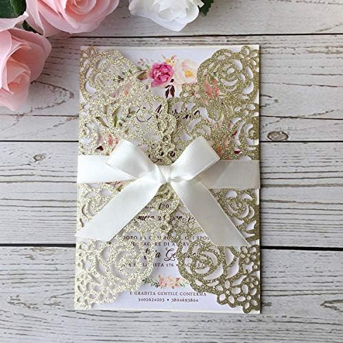 20PCS 5.12 x 7.28'' Champagne Wedding Invitations Cards Laser Cut Hollow Rose Flowers Pocket with bowknot for Bridal Shower Engagement Birthday Invite (Champagne Glitter) - Image 2