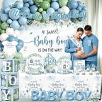Blue and Sage Green Baby Boy Shower Decorations, All-in-1 Boho Baby Shower Decorations Boy with Balloon Arch Boy Boxes Plates Napkins Cake Toppers Tablecloth Backdrop Banner for Its a Boy Baby Shower - Image 3
