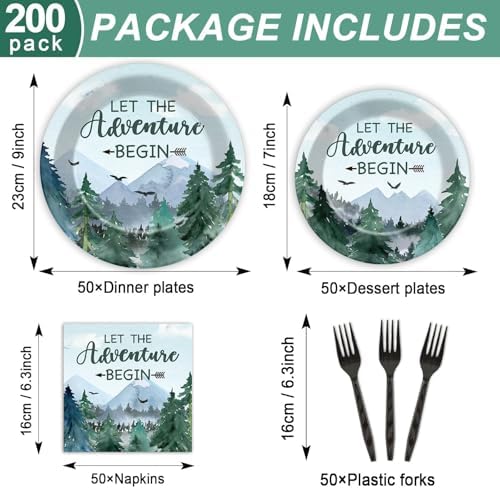 ZOIIWA 200 PCS Adventure Awaits Tableware Disposable Let The Adventure Begin Party Supplies Dinnerware Set Baby Shower Plates Napkins Birthday Party Decoration Serve 50 guest - Image 2