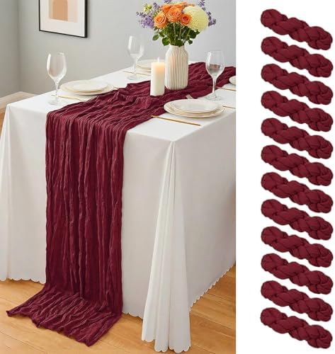12 Pcs Burgundy Christmas Cheesecloth Table Runner 10Ft, Gauze Table Runners 21.5 x 120 inch,Semi Sheer Cheese Cloth Fabric Runner Bulk for Wedding,Party,Baby Shower,Bridal Shower by Yemosa