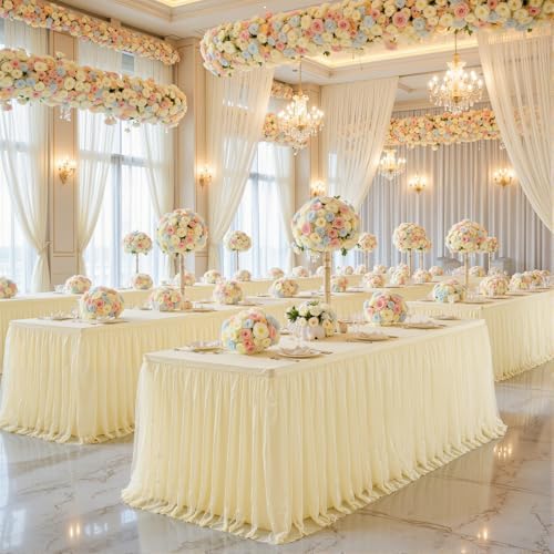 2 Pack 8ft Champagne Tulle Tablecloths for Rectangle Tables, 8 Foot Champagne Rectangular Table Cloth, Wrinkle Free Table Cover with Tutu Skirt for Wedding Birthday Party Banquet Buffet Bridal Shower - Image 5
