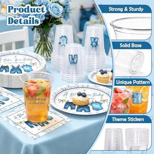 200 Pcs Blue Jean Baby Shower Decorations, Disposable Paper Plates Napkins Plastic Cups & Stickers, Denim Theme Party Tableware Set for Boy Baby Shower Birthday Gender Reveal Party Supplies Serves 50 - Image 4