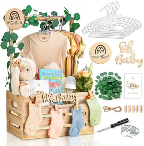 Wooden Baby Shower Crate Closet - Personalized Baby Gift Baskets with Hangers, Large Newborn Boys Girls Clothes Storage Box for Newborn New Parent by %E2%80%8EGIFTACITY