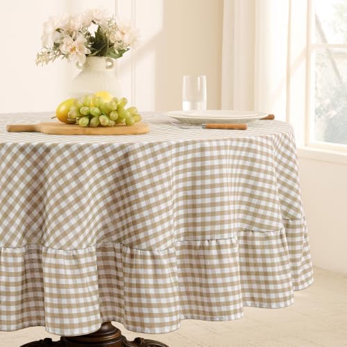 Romanstile Gingham Ruffled Round Tablecloth, 70 Inch, Taupe by Romanstile