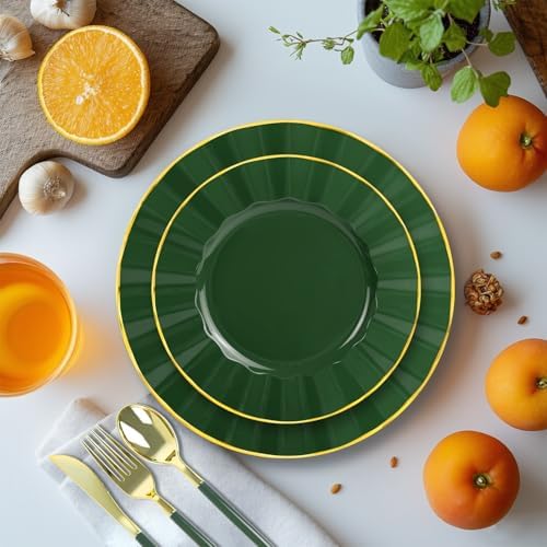 150Pcs Plastic Plates with Gold Rim,Heavy Duty Green Plates for 30 Guests,Plastic Dinnerware Set Include 30 Dinner Plate,30 Dessert Plate,90 Gold Cutlery Set for Party (Green) - Image 4