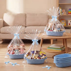 Blue 12 Set Small Woven Gift Basket with Gift Bags Ribbons Empty Gifts Baskets Woven Rope Storage Basket with Handles for Birthday Baby Shower Nursery Toy Organizer 9.1"x 5.1" x 2.8" - Image 3