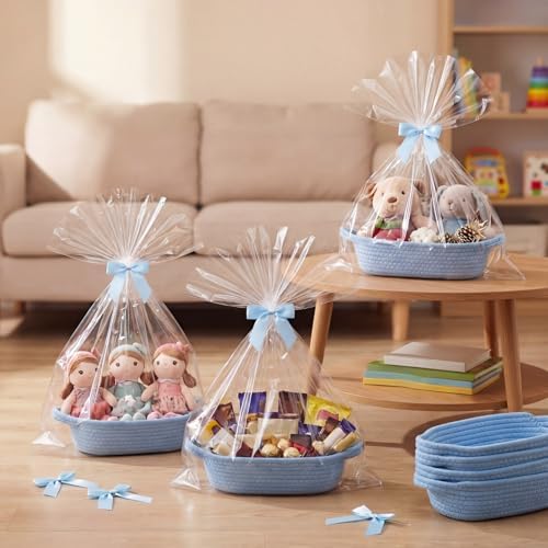 Blue 12 Set Small Woven Gift Basket with Gift Bags Ribbons Empty Gifts Baskets Woven Rope Storage Basket with Handles for Birthday Baby Shower Nursery Toy Organizer 9.1"x 5.1" x 2.8" - Image 3