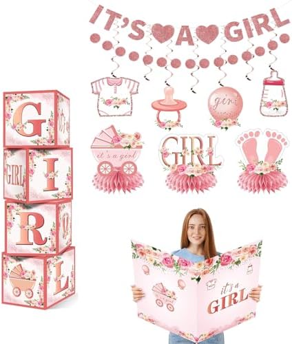 14PCS Pink Rose Gold Baby Shower Decorations for Girls, Floral "It's a Girl" Guest Book Card Balloon Boxes Circle Dot Garland Hanging Swirls Honeycomb Centerpieces Banner Kit, Gender Party Supplies by Aodocuto
