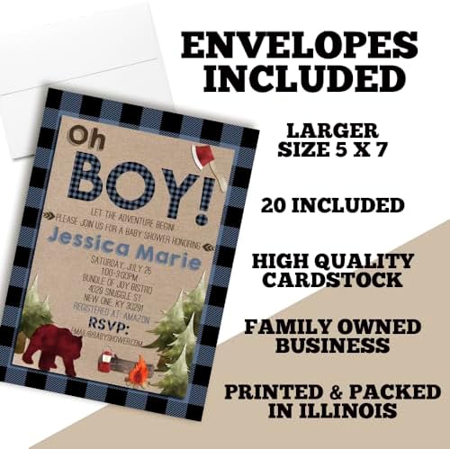 Amanda Creation Custom Baby Shower Invites Blue Lumberjack Baby Shower Invitations 20 5x7 Custom Personalized Invites With Envelopes - Image 6