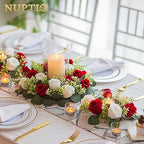 NUPTIO Flower Wedding Centerpieces for Tables - 10 Pcs 14 inch Diam Large Crimson & White Artificial Flowers Fake Roses Candle Rings Wreaths Spring Summer Wreath for Front Door Weddings Party Decor - Image 2