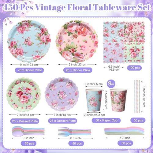 450 Pcs Tableware Set, Serve 50, Vintage Color, Vintage Floral - Image 2