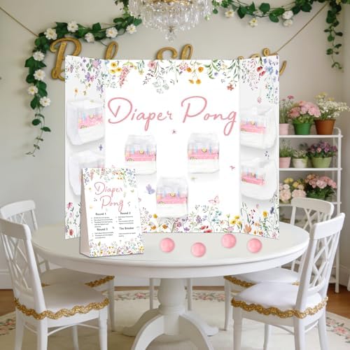 Wildflower Baby Shower Diaper Game Set Baby Shower Favor 1 Spring Floral Games Board Diapers 10 Pink Plastic Balls 1 Wildflower Game Instruction Sign for Flower Gender Reveal Games Decoration - Image 6