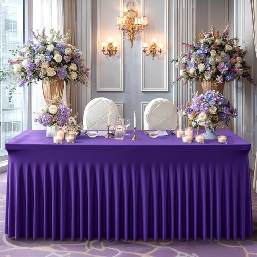 Wish Care 2 Pack Dark Purple Spandex Table Clothes for 4 Foot Rectangle Tables, 4FT Wrinkle Free Fitted Tablecloths Ruffles Design Table Cover for Party, Banquet, Wedding and Events - Image 7