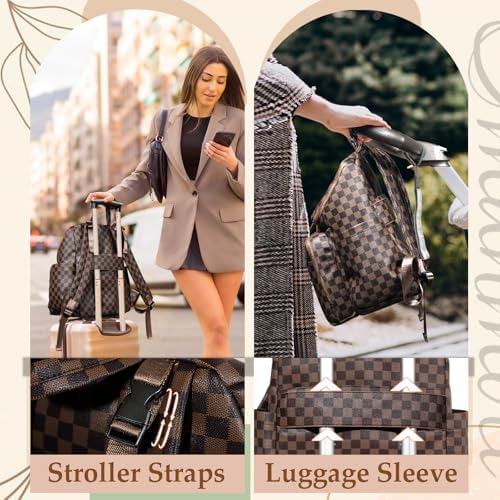Omanmoli Checkered Diaper Bag Backpack Large Baby Diaper Bag Leather with 17 Diaper Bag Organizing Pouches,Changing Pad,Stroller Straps,4 Insulated Pockets, Coffee - Image 6