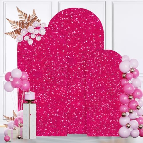 MODFUNS Hot Pink Wedding Arch Cover Sequins Arch Cover Set of 3 Spandex Arch Stand Covers 6ft 6.6ft 7.2ft Sparkle Backdrop Covers Rustic Fitted Arch Covering for Wedding Party Reception by MODFUNS