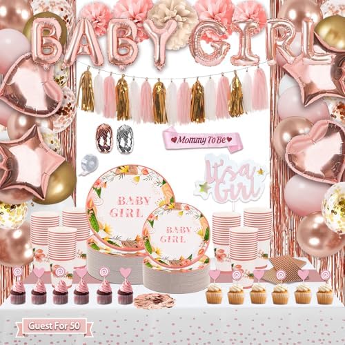 Guudmua 301Pcs Baby Shower Decorations For Girl, Girl Baby Shower Decorations Kits - Disposable Dinnerware Set With Pink Rose Gold Floral (50 Guest), "BABY girl" Banner, Balloon, Sash, Cake Topper by Guudmua