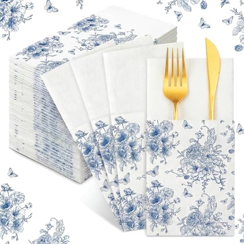 Potchen 100 Pcs Linen Feel Napkins Disposable, Something Blue Floral by Potchen