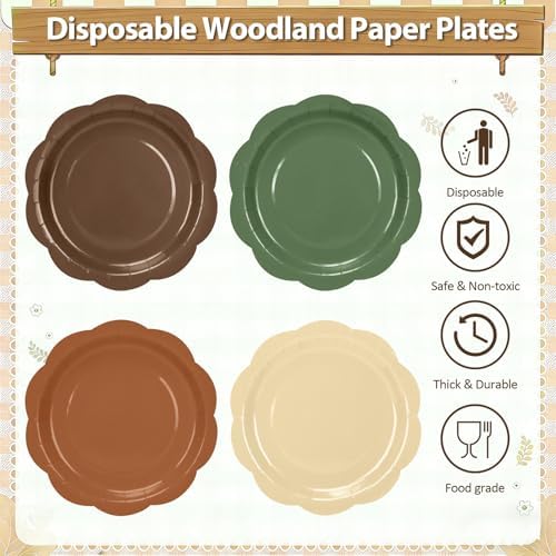 192Pcs Woodland Plates and Napkins Party Supplies, 9’’ Disposable Scalloped Sage Green and Brown Paper Plates, Woodland Baby Shower Party Decorations for Birthday, Animals Safari Party, Serves 48 - Image 3