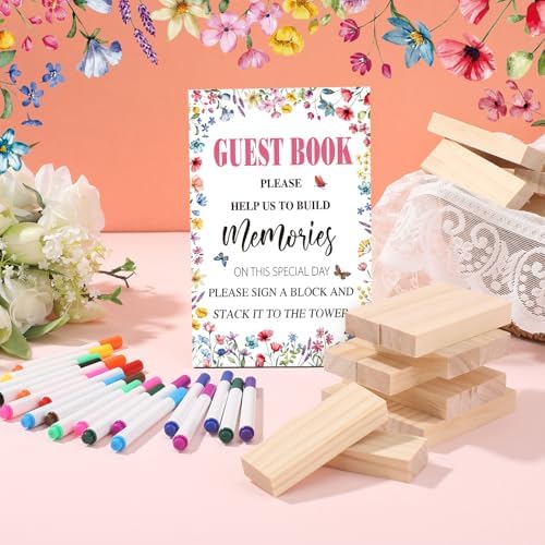 80 Wedding Guest Book Alternative tumbling tower Wooden Block, Wildflower - Image 2