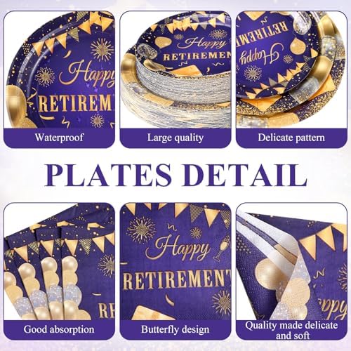 Funnymoom 452 Pcs Retirement Party Decorations Supplies Women Set Include Purple and Gold Retirement Paper Plates Napkins Cups Tablecloth Cutlery Straws for Men Women Say Goodbye Party - Image 2
