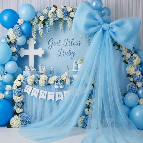 Canlierr Extra Large Blue Organza Bow Decorations 39 x 59 Inch Giant Blue Tulle Bow with Tie and Long Ribbon Tails for Wedding Valentines Party Backdrop Coquette Room Wall Decoration - Image 3