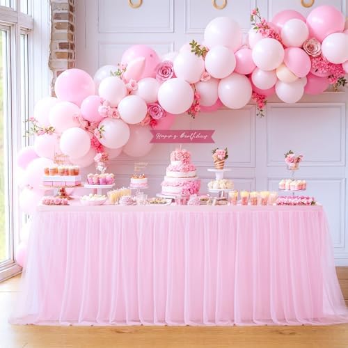 4 Pack 8ft Pink Tablecloths for Rectangle Tables, 8 Foot Pink Rectangular Table Cloth, Wrinkle Free Table Cover with Tutu Skirt for Baby Shower Girls Birthday Party Banquet Buffet Cake Decorations - Image 2