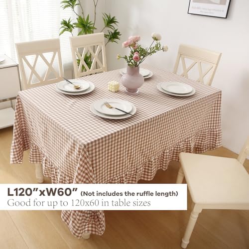 Taupe White Gingham Ruffled Tablecloth 120"x60" - Image 2