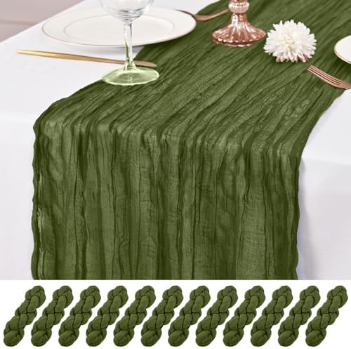 12 Pack Olive Green Table Runner 10Ft Cheesecloth Table Runner Rustic Gauze Table Runners Romantic Long Sheer Fabric Cheese Cloth Table Runners for Wedding Party Bridal Baby Shower by Lumaycens