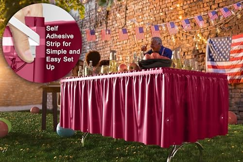Exquisite Burgundy Table Skirt 6 Pack - Disposable Plastic Table Skirts for Rectangle Tables 6ft 8ft & Round Tables - 29in x 14ft Self-Adhesive Strip - Birthday Wedding Gender Reveal Decor - Image 4