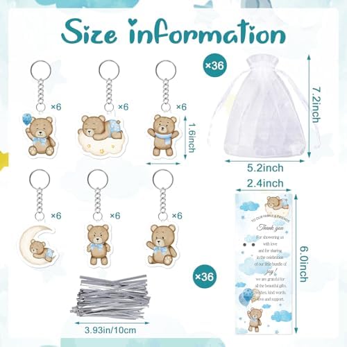 145Pcs Baby Shower Favors for Guest Blue Bear Ballpoint Pens Retractable Baby Shower Pens with Greeting Thank You Cards Keychains Organza Bags for Gender Reveal Souvenirs Prizes Return Gifts - Image 3