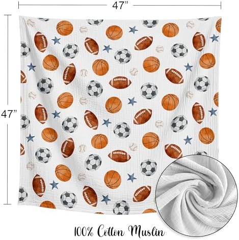 Sweet Jojo Designs Baby Muslin Swaddle Blankets (Sports Theme) - 47x47 for Newborn Boys Nursery, Lightweight 100% Cotton Blanket (Watercolor Vintage Sport Themed, Soccer, Football Baseball Basketball) - Image 4
