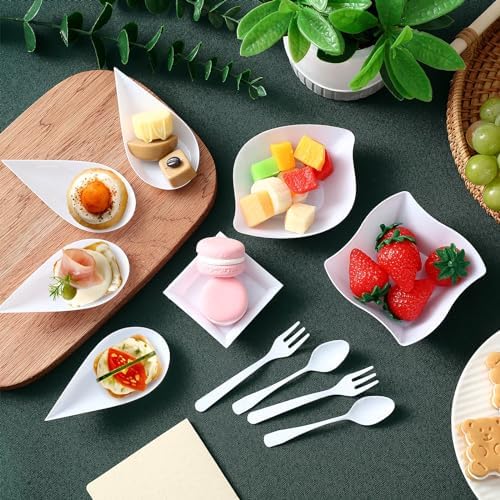 Tessco for you 400 Pcs Mini Appetizer Plates Set Including 200 Disposable Dessert Plates Assorted Shape 100 Mini Plastic Forks 100 Plastic Spoons for Party (Classic Style, White) - Image 4