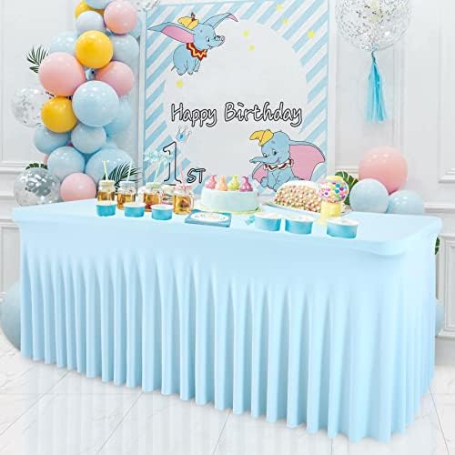 Besutolife 6ft Baby Blue Tablecloth Rectangle Stretch Table Skirt One-Piece Wrinkle-Resistant Ruffles Design for Under The Sea Party Frozen Decorations Birthday - Image 2
