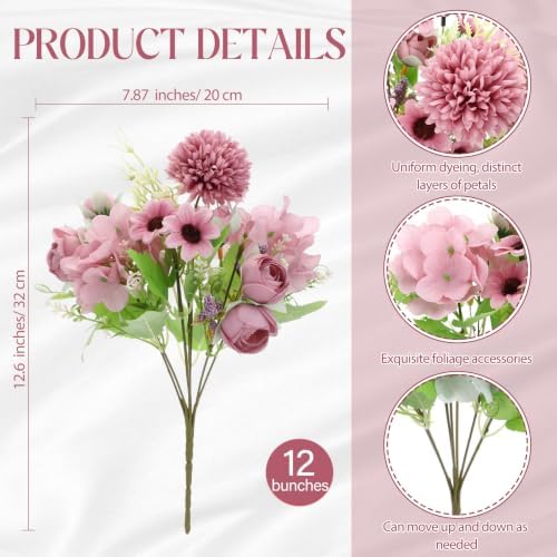 Tigeen 12 Bundles Peonies Artificial Flowers Faux Roses, Gray Purple - Image 2