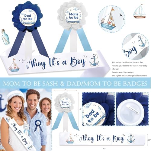 Party Inspo Ahoy It’s a Boy Baby Shower Decorations for Boy – 133 PCs Nautical Theme Party Supplies with Backdrop, Balloon Garland, Banner, Tablecloth, Poster, Cake Topper, Sash and Badges - Image 4