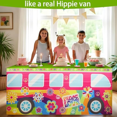 8FT Hippie Groovy Bus Tablecloth,Hippie Birthday Party Decorations for 60s 70s Boho Themed Birthday,Baby Shower,Carnival Party Decorations - Image 4