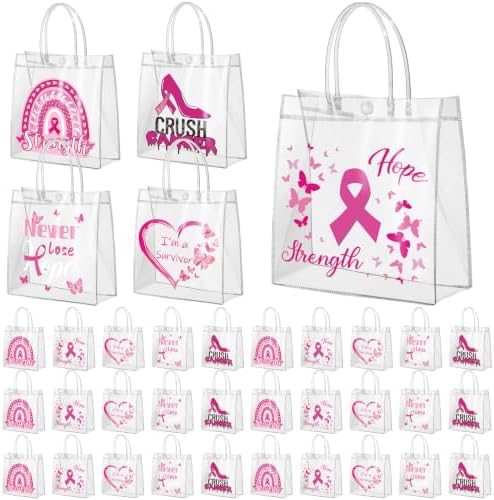 Canchiing 30 Pcs Breast Cancer Awareness Clear Gift Bags with Handles Reusable Pink Ribbon Treat Bags PVC Gift Wrap Totes for Breast Cancer Survivor Party Favor Items Accessories, 7.9 x 7.9 x 3.1 by Unknown