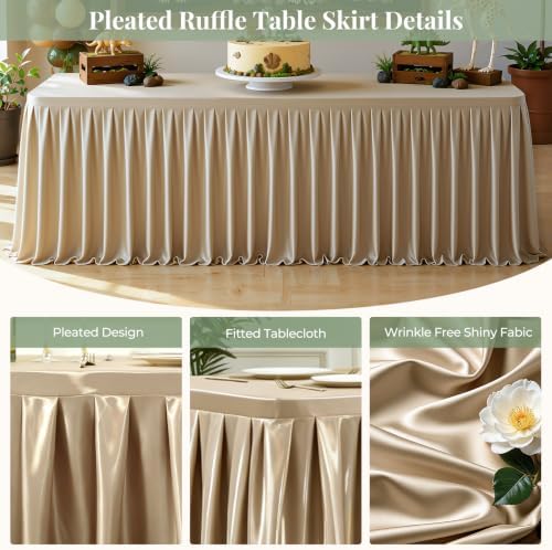 Champagne Gold Satin Tablecloths Rectangle 8FT, Glitter Spandex Fitted Stretch Table Covers Wrinkle-Resistant Floor Length Pleated Table Skirt for Weddings Parties Baby Shower Banquets Vendor Events - Image 2