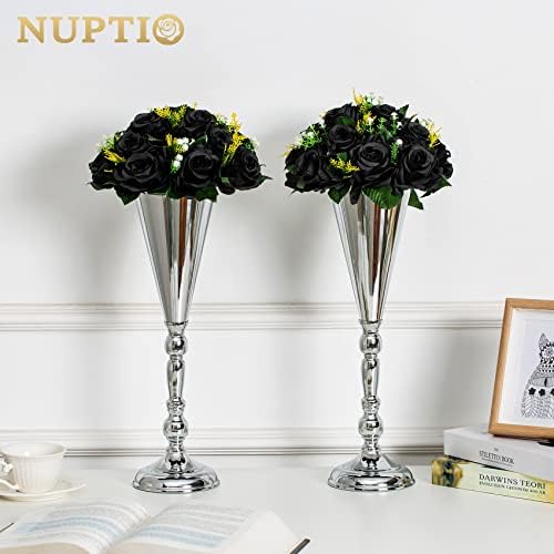 NUPTIO Black Roses Artificial Flowers Pcs of 10 Fake Flower Bouquet Black Hydrangea Flowers Artificial, 15 Heads Fake Roses with Base, Real Looking Black Artificial Flowers (Black) - Image 2